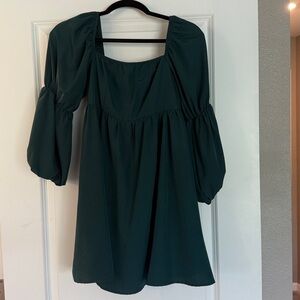 Elegant Dark Green Puff Sleeve Mini Dress Size S